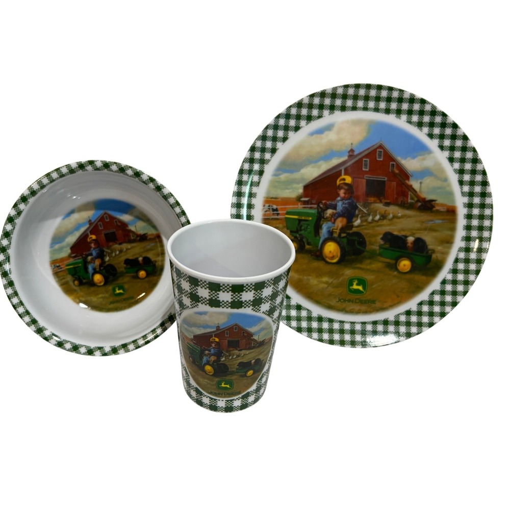 John Deere Gibson 3 Piece Melamine Set Plate Bowl Tumbler Zolan Signed Farm